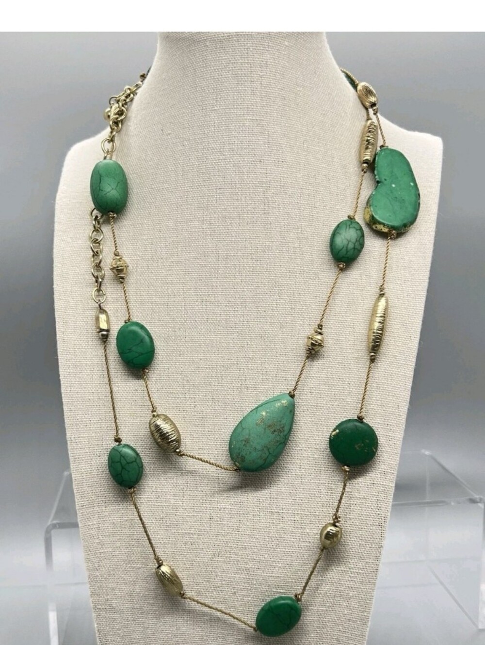 Chico's Green Bead & Brass Accent Necklace